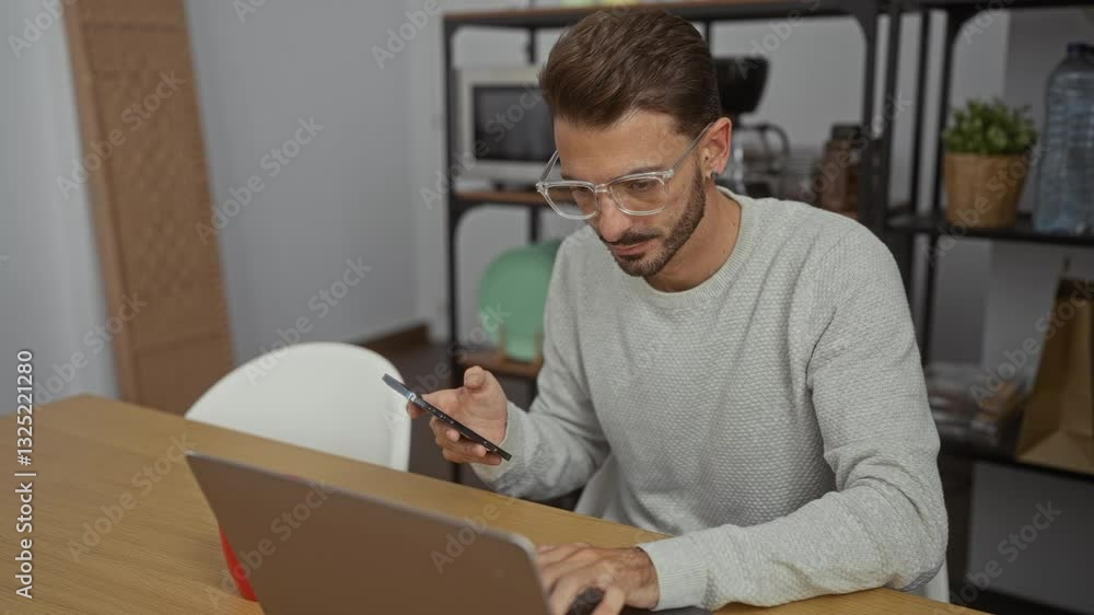 Young man in modern office focuses on smartphone, with laptop open on a wooden desk, demonstrating a busy work environment. Young man in modern office focuses on smartphone, with laptop open on a wooden desk, demonstrating a busy work environment.