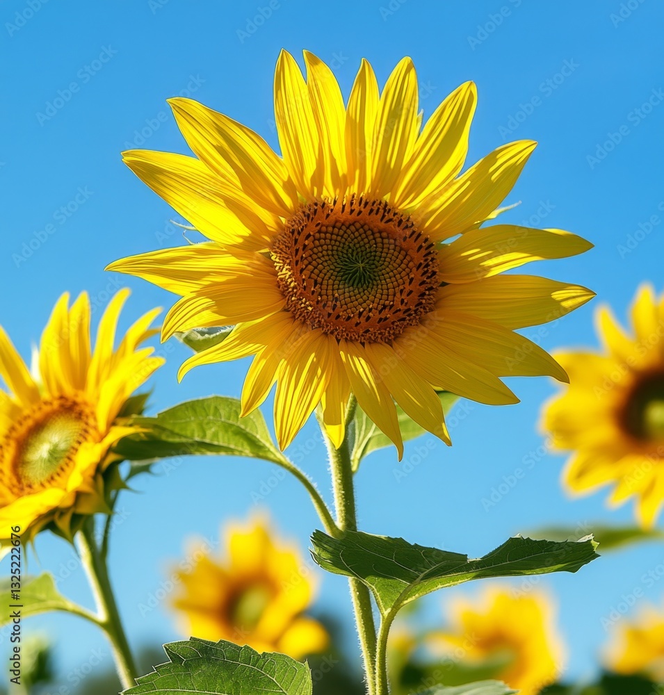Bright Sunflower Bloom Under Clear Blue Sky with Lush Green Leaves in Vibrant Field of Sunflowers on a Sunny Day Bright Sunflower Bloom Under Clear Blue Sky with Lush Green Leaves in Vibrant Field of Sunflowers on a Sunny Day