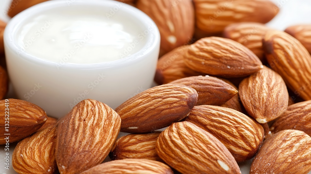 Almonds and yogurt on white background, healthy snack Almonds and yogurt on white background, healthy snack