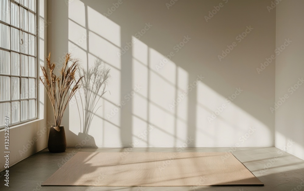 Beige and brown patterned rug in a minimalist room with sunlight streaming through a large window, casting shadows on a white wall. Dried plant in a stone pot Beige and brown patterned rug in a minimalist room with sunlight streaming through a large window, casting shadows on a white wall. Dried plant in a stone pot