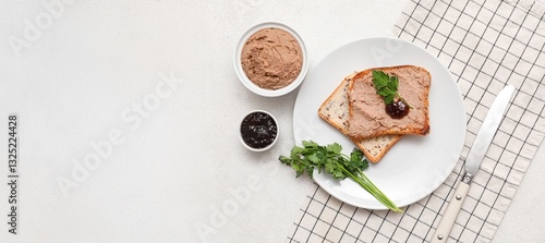 Wallpaper Mural Toasts, bowl of tasty pate, parsley and sauce on white background with space for text, top view Torontodigital.ca