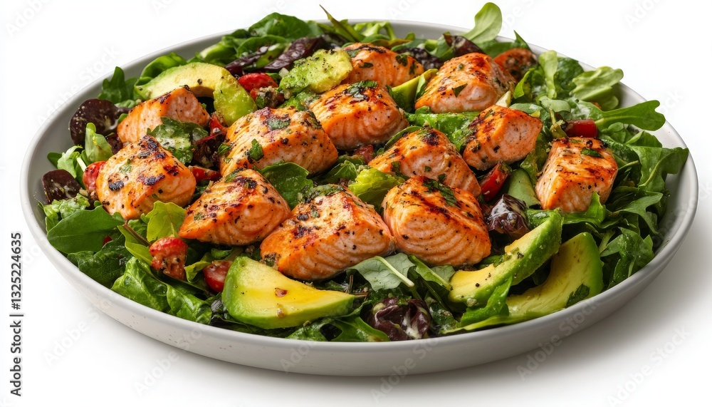Delicious Grilled Salmon and Avocado Salad Served on a Bed of Mixed Greens with Fresh Cherry Tomatoes for a Healthy Meal Option Delicious Grilled Salmon and Avocado Salad Served on a Bed of Mixed Greens with Fresh Cherry Tomatoes for a Healthy Meal Option