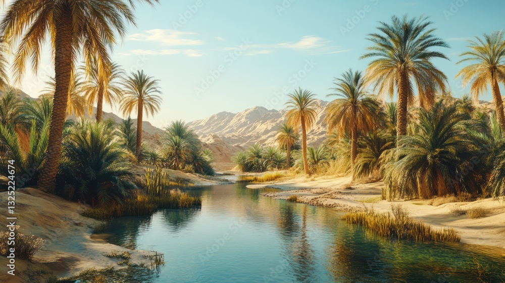 Beautiful oasis featuring water palm trees and desert mountains Beautiful oasis featuring water palm trees and desert mountains