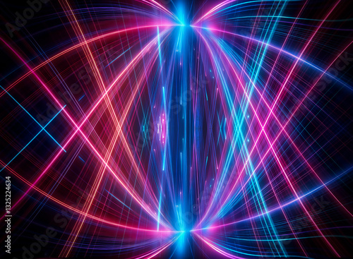 Abstract glowing neon pink and blue lines intersect and curve, creating a tunnel effect on a black background, giving a futuristic and dynamic feeling.