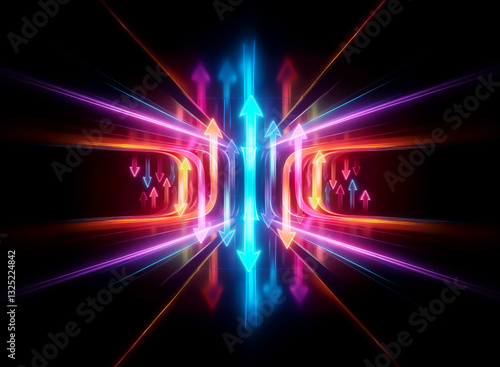 Symmetrical abstract design featuring glowing arrows in blue, red, and purple on a black backdrop. Arrows pointing upward and outward with emanating light rays.