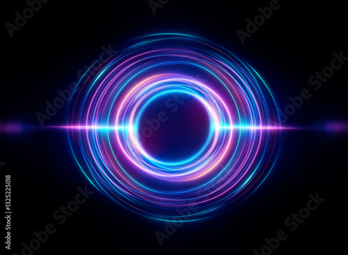 Abstract glowing rings in blue, purple, and pink colors surround a dark center. A horizontal streak of light crosses through the rings, creating a dynamic effect.