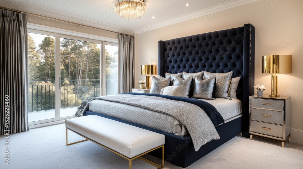 Fototapeta premium A luxurious bedroom with a large king-size bed featuring a deep navy blue headboard and plush bedding in shades of silver and charcoal