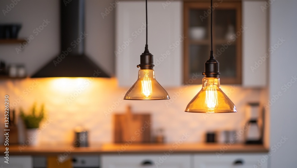 Obraz premium Two hanging Edison bulbs illuminate a modern kitchen.