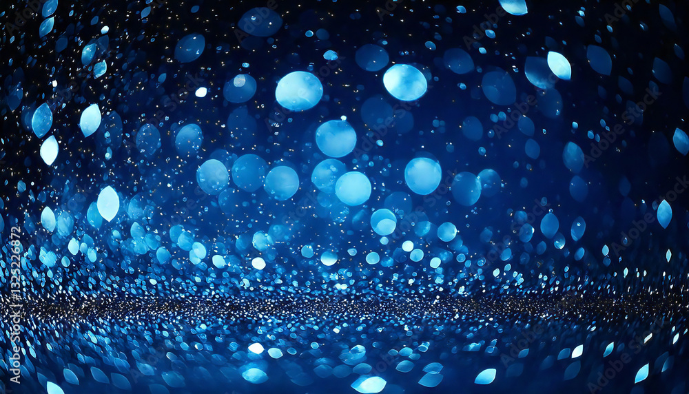 Fototapeta premium Blue bokeh, blurred lights, blurry background, blue confetti on black background, night light.Blue sparkles, glitter, dust, shiny light particles, dark abstract background.
