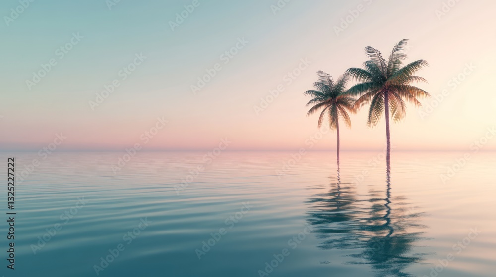 Two palm trees reflected in calm ocean water at sunset