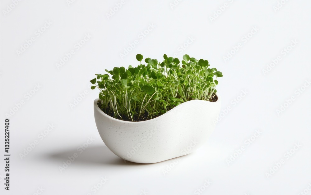 Vibrant green microgreens sprout in a speckled white ceramic bowl against a bright white background. The image is simple, clean, and evokes a feeling of freshness and new growth Vibrant green microgreens sprout in a speckled white ceramic bowl against a bright white background. The image is simple, clean, and evokes a feeling of freshness and new growth