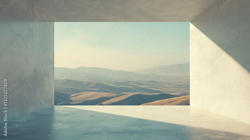 Fototapeta premium A white room with opening overlooking hills