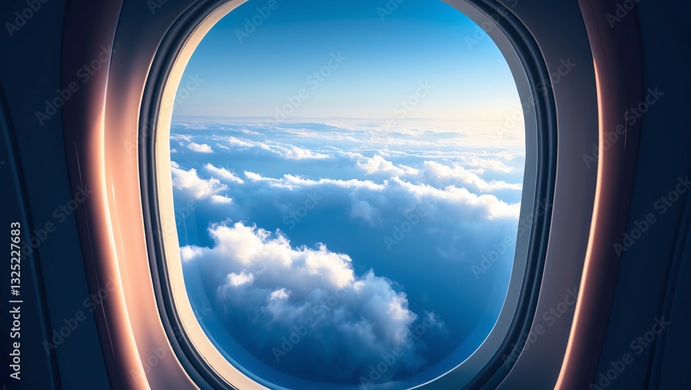 Airplane window. Mountain and clouds view Airplane window. Mountain and clouds view