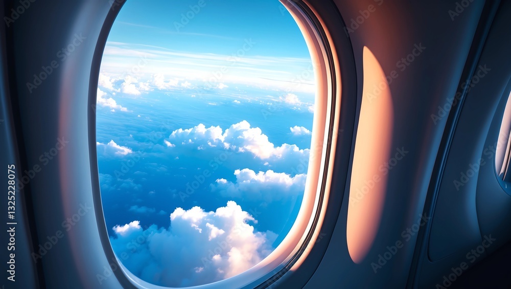 Fototapeta premium Airplane window. Mountain and clouds view 