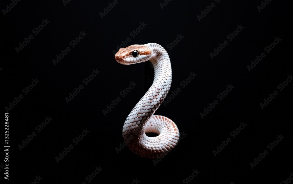 Fototapeta premium Close-up of a white and brown snake coiled on a black background. The snake is in sharp focus, and the background is blurred. The image is well-lit, and the snake's scales are clearly visible
