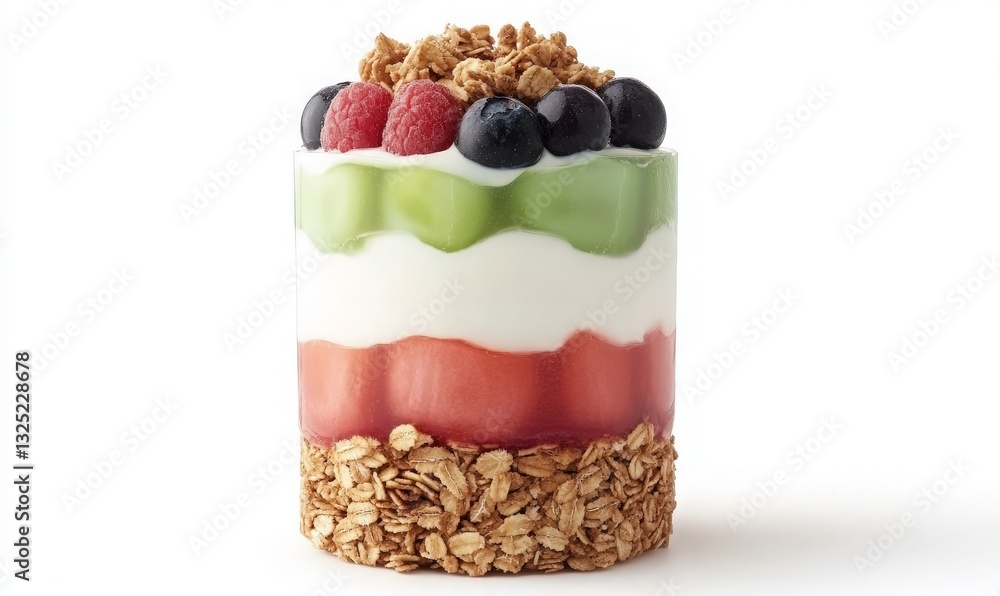 Delicious Layered Yogurt Parfait with Fresh Berries and Crunchy Granola on a Bright White Background - Perfect for Food Advertising and Recipe Illustration Delicious Layered Yogurt Parfait with Fresh Berries and Crunchy Granola on a Bright White Background - Perfect for Food Advertising and Recipe Illustration