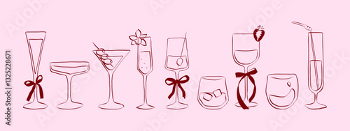 Hand drawn coquette drinks and cocktails. Cute glasses with ribbon and bow for menu in crayon and sketch style. Trendy art for bachelorette party and wedding invitations. Doodle vector illustration