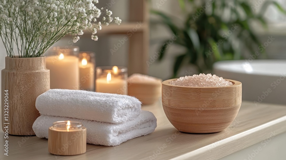 A spa setup with towels, candles, and bath salts for a home pampering session, Spa Day, Luxurious and soothing A spa setup with towels, candles, and bath salts for a home pampering session, Spa Day, Luxurious and soothing