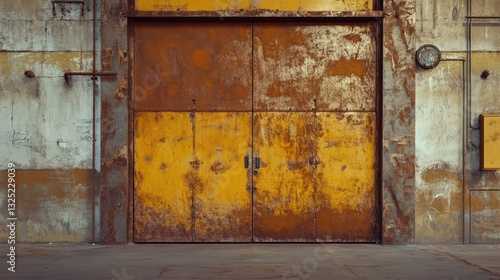 A weathered industrial building with large yellow metal doors