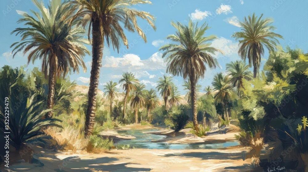 Fototapeta premium A scenic desert landscape with palm trees and clear water