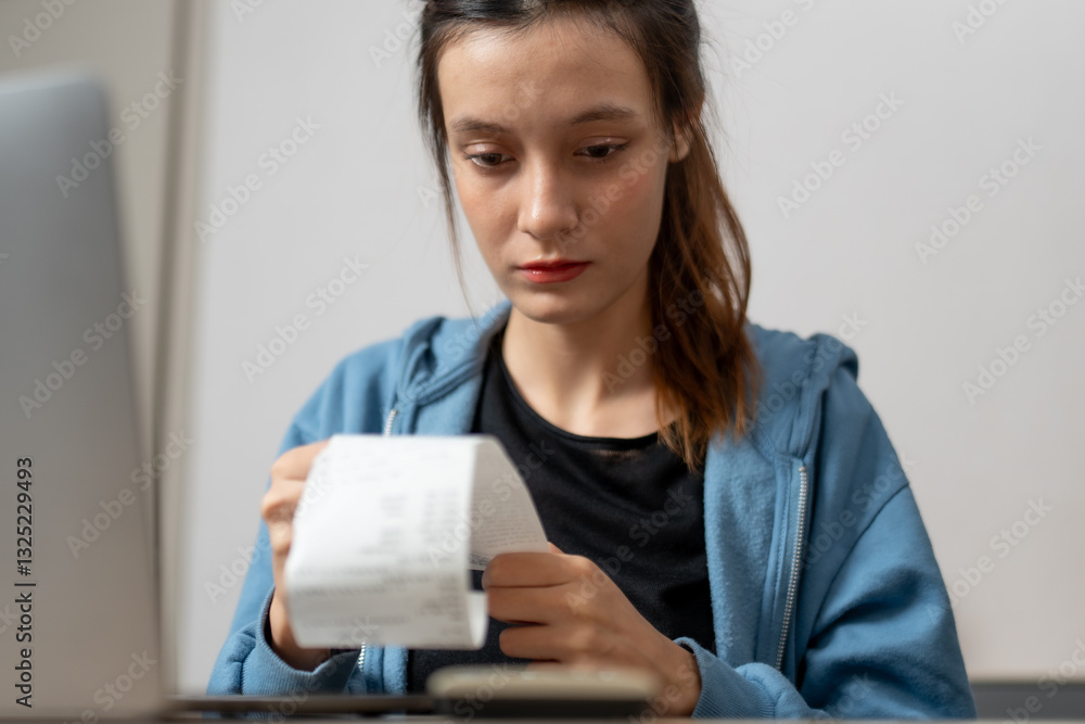 young woman examines receipt while sitting at desk with laptop. She appears focused and contemplative, reflecting on her expenses young woman examines receipt while sitting at desk with laptop. She appears focused and contemplative, reflecting on her expenses