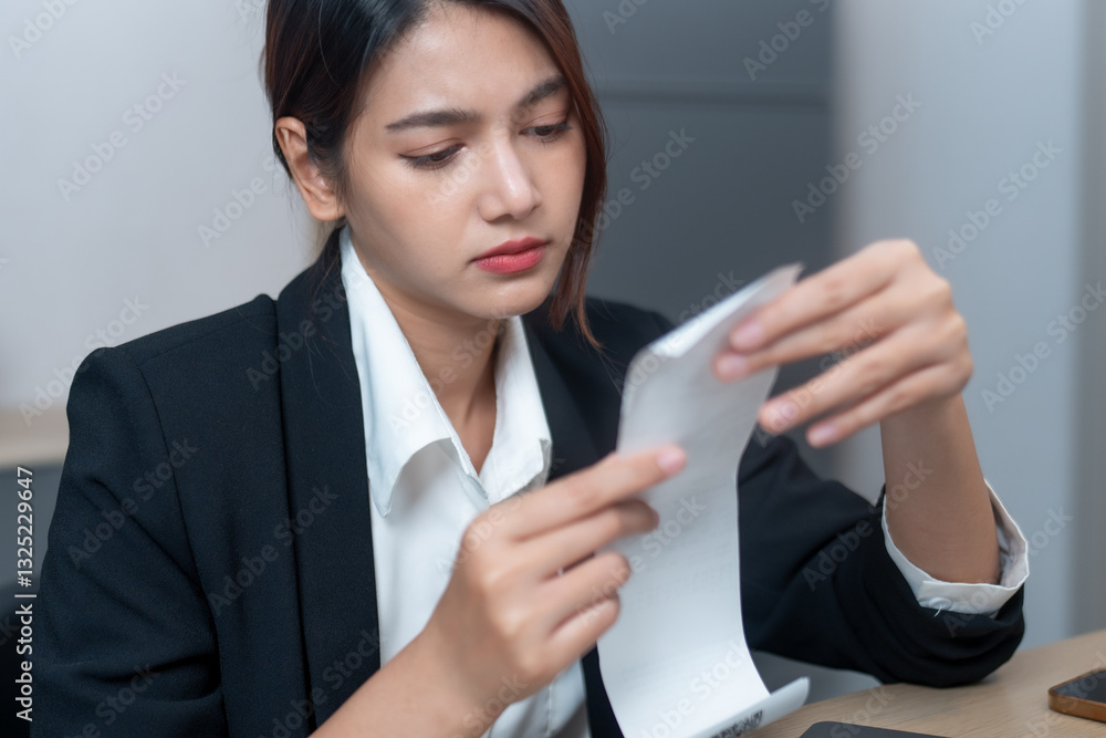 stressed woman in black suit examines receipt while sitting at desk with laptop and calculator, reflecting financial concerns stressed woman in black suit examines receipt while sitting at desk with laptop and calculator, reflecting financial concerns