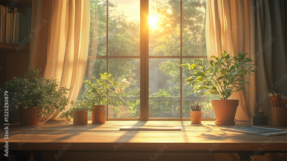 Fototapeta premium A bright, cozy indoor workspace with a wooden desk and potted plants sits in front of a large window. Sunlight streams in, illuminating the room and creating a warm, inviting atmosphere.