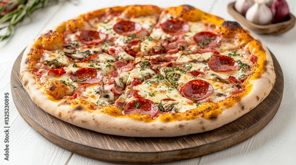Delicious Pepperoni Pizza on Wooden Board with Fresh Ingredients, Capturing the Essence of Italian Cuisine and Culinary Artistry. Delicious Pepperoni Pizza on Wooden Board with Fresh Ingredients, Capturing the Essence of Italian Cuisine and Culinary Artistry.