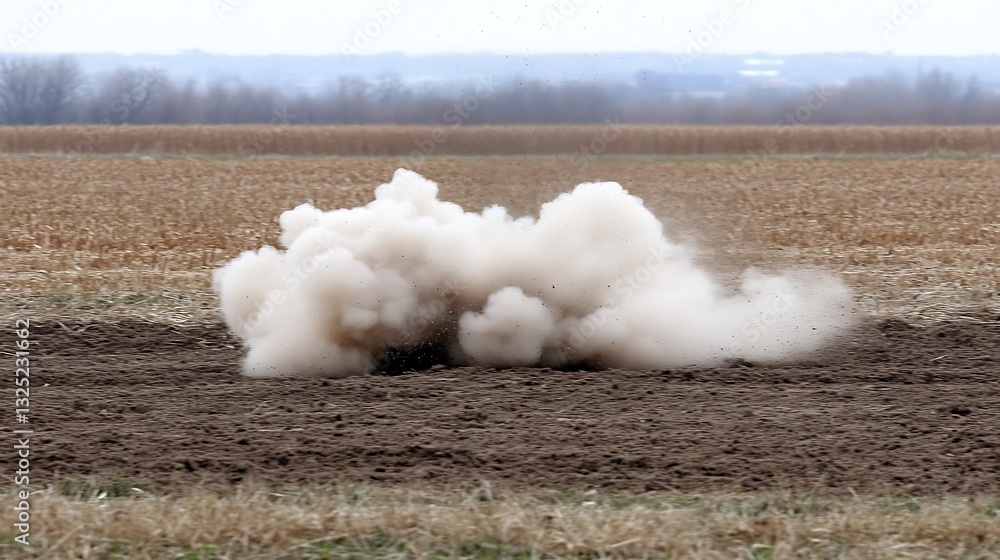 Fototapeta premium Dust cloud explosion in a plowed field with a distant view