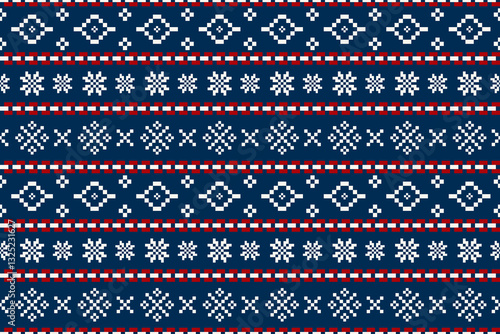 Pixel Christmas Pattern with White Snowflake Icons on Blue Background,Nordic and Scandinavian Style,Ideal for Gift Wrapping,Sweaters,Fabric,Border,Banner and Digital Art Projects During the Holiday