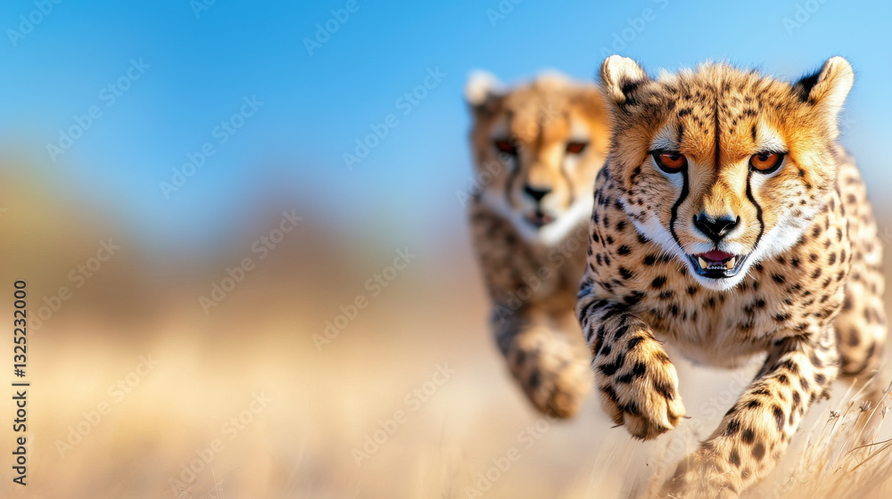 Cheetahs sprinting across grassy plain, showcasing their speed and agility while chasing prey Cheetahs sprinting across grassy plain, showcasing their speed and agility while chasing prey