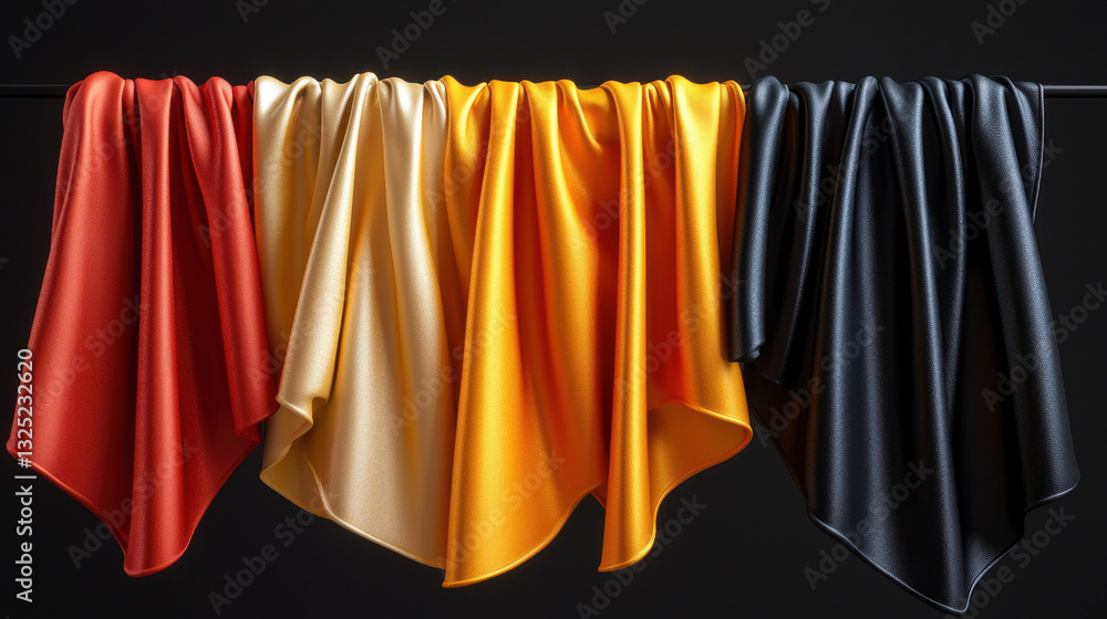 Obraz premium Luxurious draped fabrics in red, yellow, black, and cream colors create stunning visual display