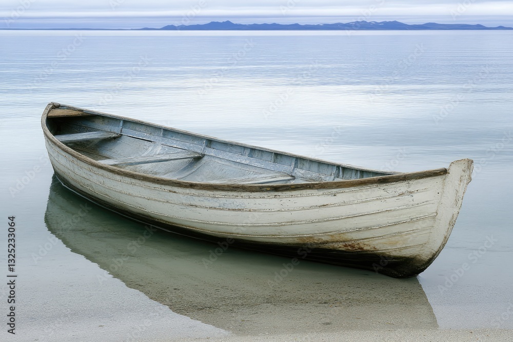 Tranquil, weathered wooden rowboat on a serene beach. Calm water reflects the boat's image. Misty, distant shoreline Tranquil, weathered wooden rowboat on a serene beach. Calm water reflects the boat's image. Misty, distant shoreline