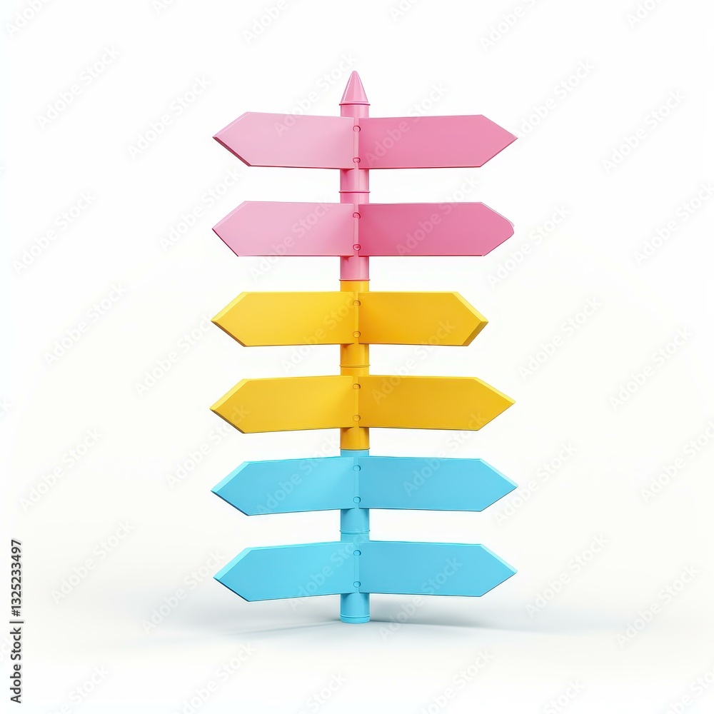 A vibrant road sign features arrows in various directions, creating a playful and modern aesthetic on a clean backdrop. A vibrant road sign features arrows in various directions, creating a playful and modern aesthetic on a clean backdrop.