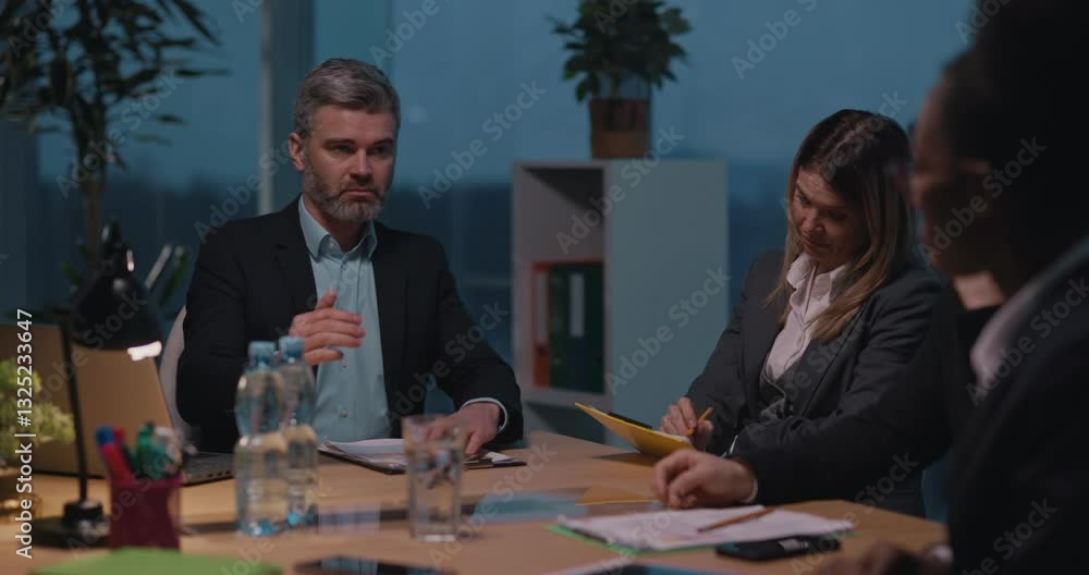 Multi-ethnic Office Staff of Corporate Leaders Negotiating on Conference Public Meeting in Business Boardroom. Business People Conversation Concept. Multi-ethnic Office Staff of Corporate Leaders Negotiating on Conference Public Meeting in Business Boardroom. Business People Conversation Concept.