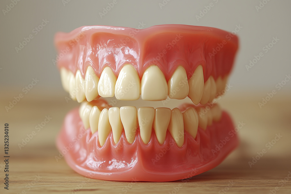 Obraz premium Set of Artificial Dentures with Realistic Teeth, Dental Prosthetics on Wooden Surface