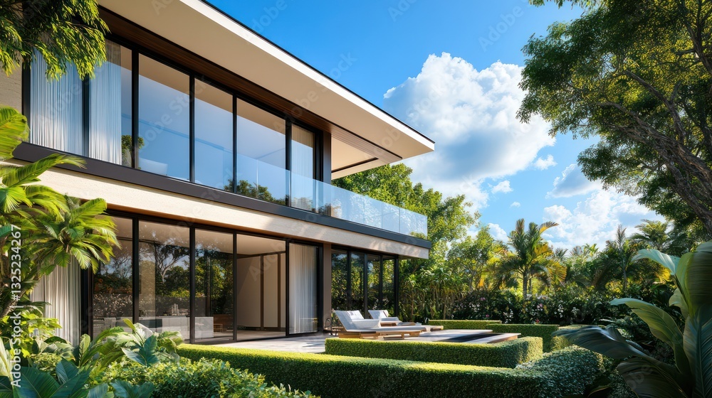 Fototapeta premium A modern home with large windows and a stylish balcony, set against a backdrop of lush tropical gardens and greenery