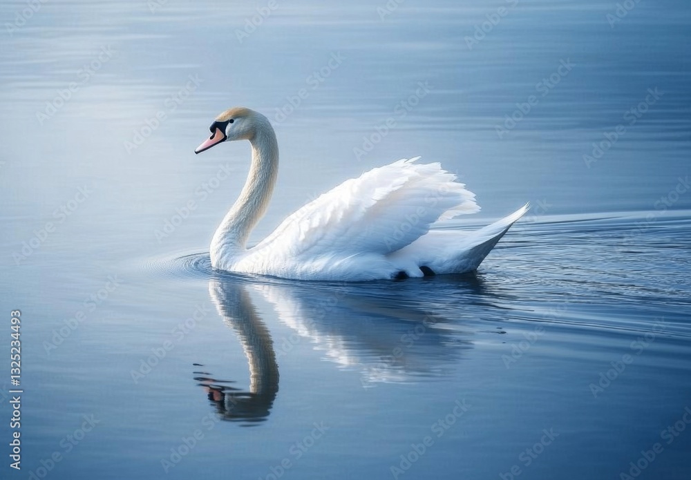 Elegant White Swan Gliding Gracefully on Serene Water Surface with Reflection in Calm Environment Under Soft Natural Light Elegant White Swan Gliding Gracefully on Serene Water Surface with Reflection in Calm Environment Under Soft Natural Light