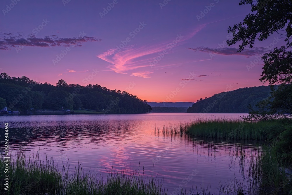 Obraz premium Peaceful Lakeside Vista at Dusk with Tranquil Purple Sunset