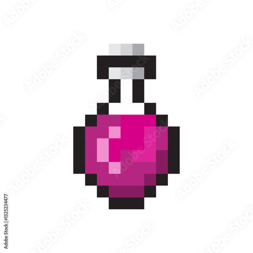 Pixel art potion. Pinkish purple liquid. Gray stopper detail. Vector bottle.