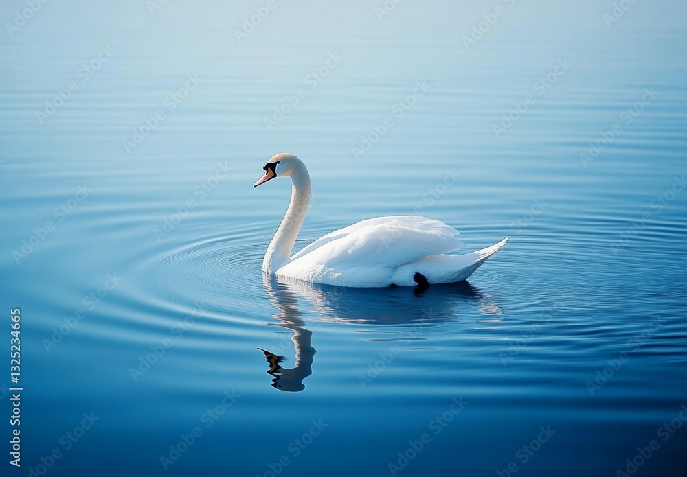 Elegant White Swan Swimming Gracefully on a Calm Blue Lake Surface with Gentle Ripples Reflecting the Beauty of Nature Elegant White Swan Swimming Gracefully on a Calm Blue Lake Surface with Gentle Ripples Reflecting the Beauty of Nature