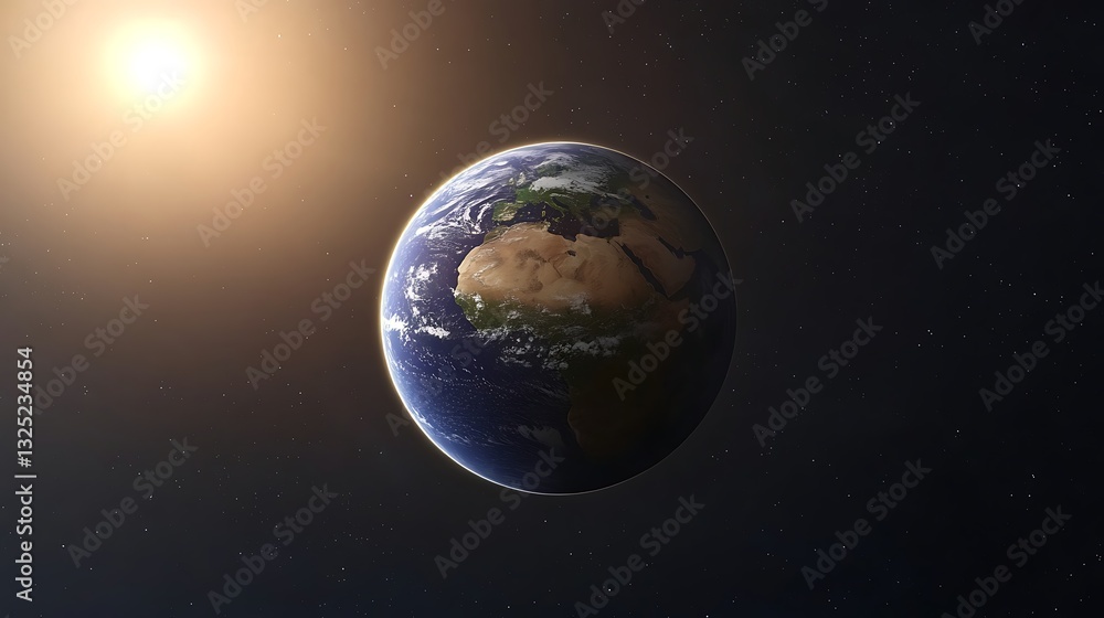 Fototapeta premium Earth glowing with sunlight, cosmic background, astronomy concept