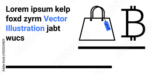 Shopping bag with price tag, Bitcoin symbol, and placeholder text. Ideal for e-commerce, cryptocurrency, digital payments, online shopping, marketing, finance flat landing page banner