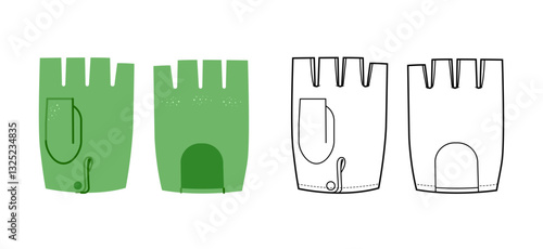 Fingerless Gloves Mitaine Short length green cartoon and sketch outline Fashion hand accessory clothing technical illustration garment. Vector for Men, women, unisex style flat template CAD