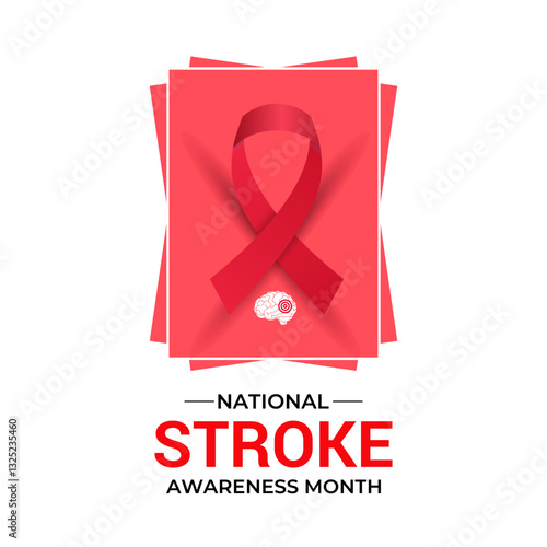 Vector illustration of National Stroke awareness month is May. Holiday concept. A stroke occurs when blood flow to the brain is interrupted. Brain and man head with Realistic red ribbon banner design.