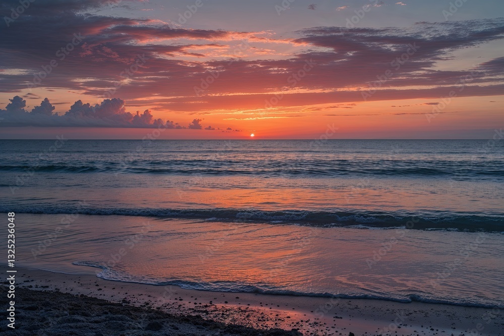 Fototapeta premium Scenic Sunset Shores: A Stunning Evening Backdrop Over Calm Ocean Waters