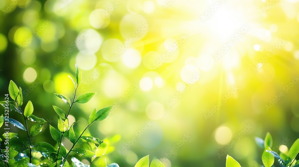 spring background with sunlight and green leaves, Spring nature concept, banner template, green bokeh, ample space for text, environmental protection, web design