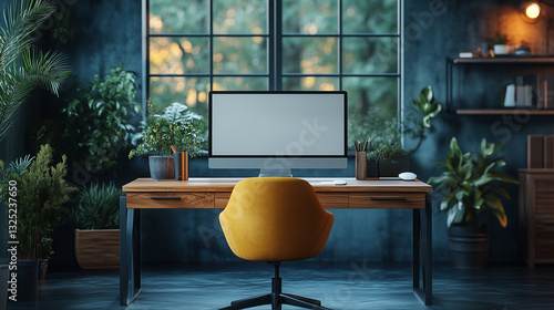 An office space is shown with a computer on a wooden desk, a yellow chair in front, and many potted plants throughout the room.