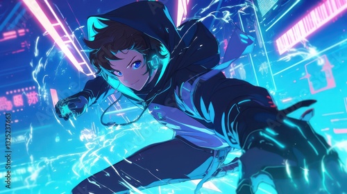 An anime character in futuristic clothing with glowing energy