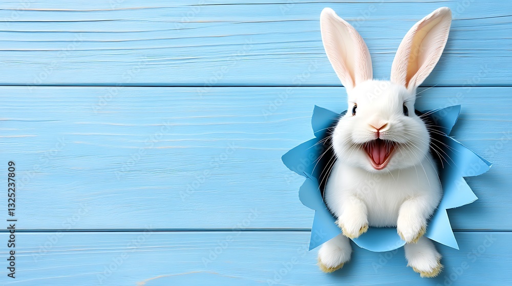 Obraz premium Easter bunny breaking through blue wood background